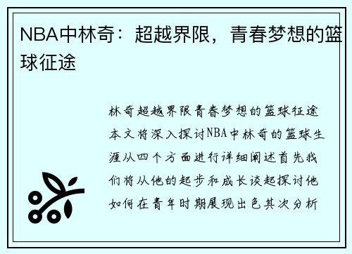 NBA中林奇：超越界限，青春梦想的篮球征途